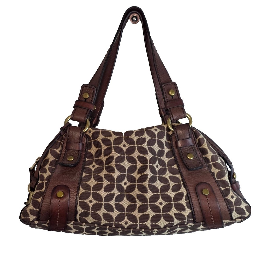 Fossil Brown Shoulder Bag Geometric Canvas Leather Medium Satchel Purse Vintage